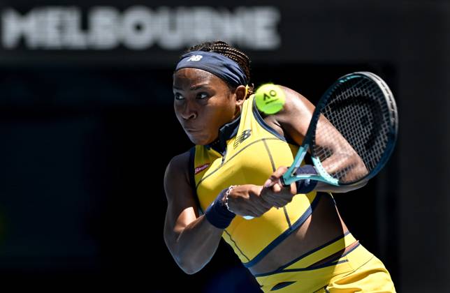 TENNIS AUSTRALIAN OPEN, Coco Gauff of the USA returns during her first round match against Anna Karolina Schmiedlova of Slovakia on Day 2 of the 2024 Australian Open at Melbourne Park in Melbourne, Monday, January 15, 2024. ( NO ARCHIVING, EDITORIAL USE ONLY,&nbsp;NO USE IN BOOKS WITHOUT CONSENT MELBOURNE VICTORIA AUSTRALIA  Copyright: xLUKASxCOCHx 20240115001889161603