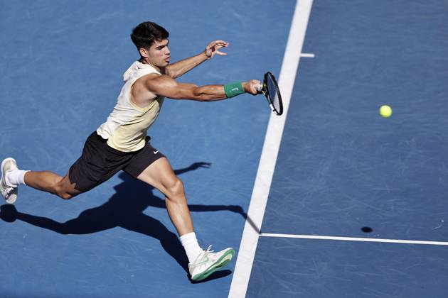 Tennis: Australian Open Carlos Alcaraz of Spain plays against Lorenzo Sonego of Italy in the second round of the men s singles at the Australian Open tennis tournament in Melbourne on Jan. 18, 2024. A14AA0002343500P
