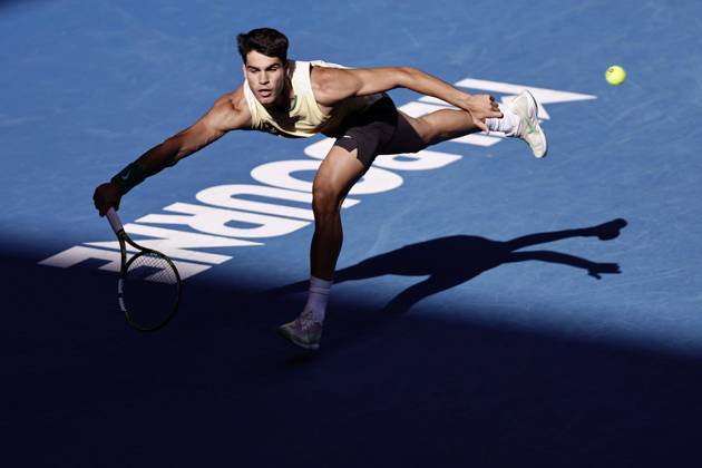 Tennis: Australian Open Carlos Alcaraz of Spain plays against Lorenzo Sonego of Italy in the second round of the men s singles at the Australian Open tennis tournament in Melbourne on Jan. 18, 2024. A14AA0002343501P
