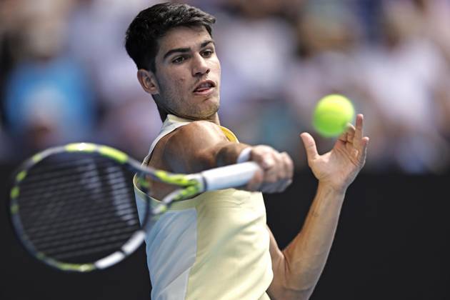 Tennis: Australian Open Carlos Alcaraz of Spain plays against Shang Juncheng of China in the third round of the men s singles at the Australian Open tennis tournament in Melbourne on Jan. 20, 2024. A14AA0002350949P