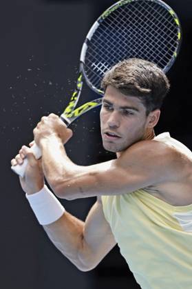 Tennis: Australian Open Carlos Alcaraz of Spain plays against Shang Juncheng of China in the third round of the men s singles at the Australian Open tennis tournament in Melbourne on Jan. 20, 2024. A14AA0002350951P