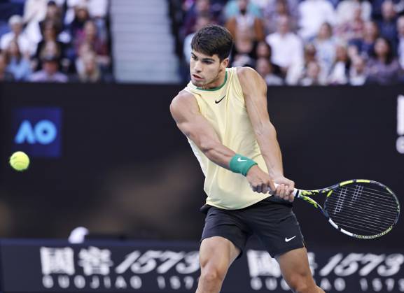 Tennis: Australian Open Carlos Alcaraz of Spain plays against Miomir Kecmanovic of Serbia in a men s single fourth-round match at the Australian Open tennis tournament in Melbourne on Jan. 22, 2024. A14AA0002365734P