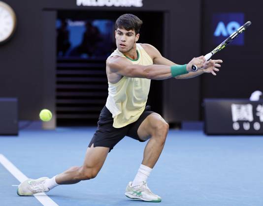 Tennis: Australian Open Carlos Alcaraz of Spain plays against Miomir Kecmanovic of Serbia in a men s single fourth-round match at the Australian Open tennis tournament in Melbourne on Jan. 22, 2024. A14AA0002365746P