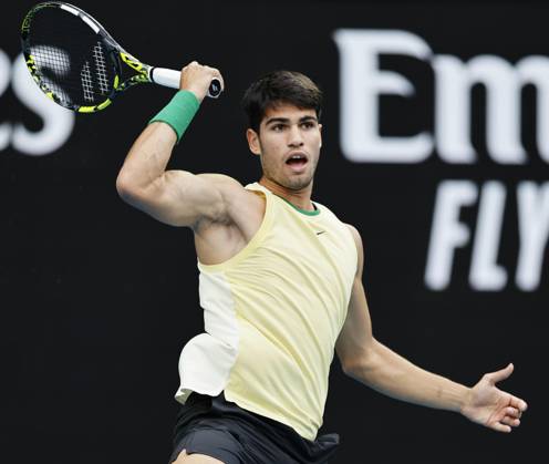 Tennis: Australian Open Carlos Alcaraz of Spain plays against Miomir Kecmanovic of Serbia in a men s single fourth-round match at the Australian Open tennis tournament in Melbourne on Jan. 22, 2024. A14AA0002365745P