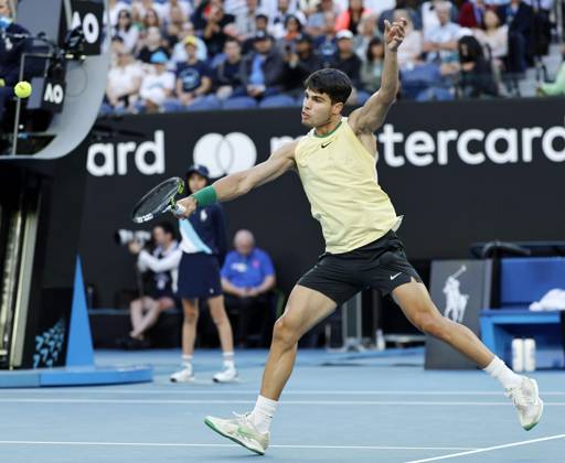 Tennis: Australian Open Carlos Alcaraz of Spain plays against Miomir Kecmanovic of Serbia in a men s single fourth-round match at the Australian Open tennis tournament in Melbourne on Jan. 22, 2024. A14AA0002365783P
