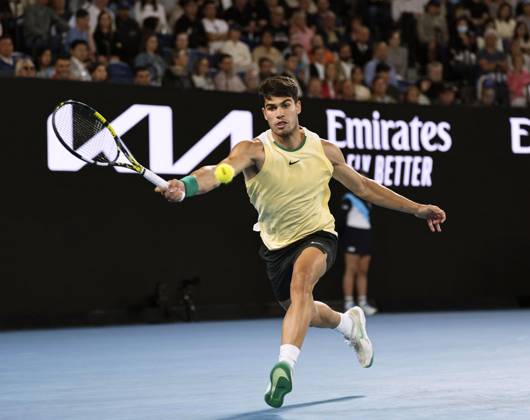 Tennis: Australian Open Carlos Alcaraz of Spain plays against Miomir Kecmanovic of Serbia in a men s single fourth-round match at the Australian Open tennis tournament in Melbourne on Jan. 22, 2024. A14AA0002365790P