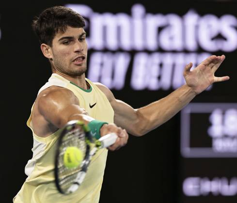 Tennis: Australian Open Carlos Alcaraz of Spain plays against Miomir Kecmanovic of Serbia in a men s single fourth-round match at the Australian Open tennis tournament in Melbourne on Jan. 22, 2024. A14AA0002365803P