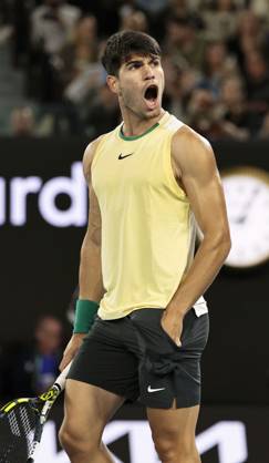Tennis: Australian Open Carlos Alcaraz of Spain reacts after defeating Miomir Kecmanovic of Serbia in a men s single fourth-round match at the Australian Open tennis tournament in Melbourne on Jan. 22, 2024. A14AA0002365804P