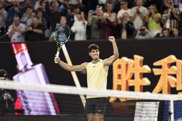 Tennis: Australian Open Carlos Alcaraz of Spain reacts after defeating Miomir Kecmanovic of Serbia in a men s single fourth-round match at the Australian Open tennis tournament in Melbourne on Jan. 22, 2024. A14AA0002365834P