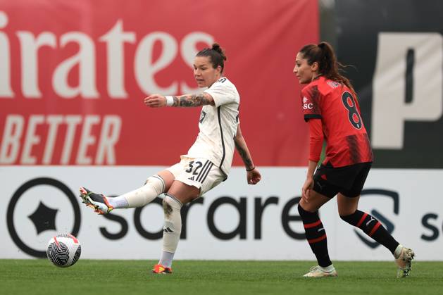 Milan, Italy, 3rd March 2024. Nadia Nadim of AC Milan looks on as Elena Linari of AS Roma passes the ball back to her goalkeeper Camelia Ceasar during the Coppa Italia Femminile Semi-Final - 1st Leg - match at Vismara PUMA House of Football, Milan. Picture credit should read: Jonathan Moscrop Sportimage EDITORIAL USE ONLY. No use with unauthorised audio, video, data, fixture lists, club league logos or live services. Online in-match use limited to 120 images, no video emulation. No use in betting, games or single club league player publications. SPI-2985-0040
