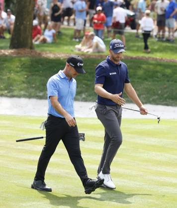 PONTE VEDRA BEACH, FL - MARCH 15: PGA, Golf Herren golfer Wyndham Clark and Brian Harman walk the 9th hole during The Players Championship on March 15, 2024, at TPC Sawgrass in Ponte Vedra Beach, Florida. (Photo by Brian Spurlock Icon Sportswire) GOLF: MAR 15 PGA THE PLAYERS Championship EDITORIAL USE ONLY Icon2403158