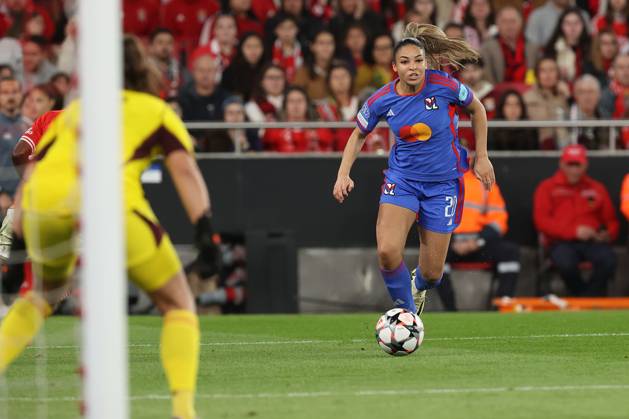 Lisbon, Portugal, Tuesday 19 March 2024 UEFA Women s Champions League 2023 24 1 4 Final SL Benfica Olympique Lyon, Lena Pauels SL Benfica , Delphine Cascarino Olympique Lyon Copyright: JoaquimxFerreira