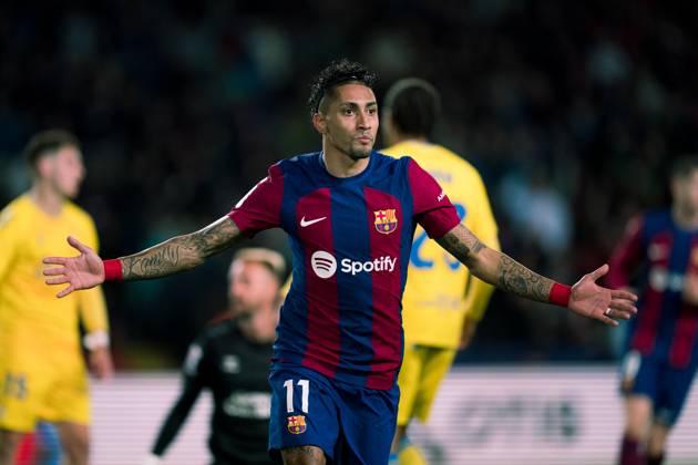 (240331) -- BARCELONA, March 31, 2024 -- FC Barcelona, Barca s Raphinha celebrates his goal during the Spanish league (La Liga) football match between FC Barcelona and Las Palmas in Barcelona, Spain, March 30, 2024. (Photo by Xinhua) (SP)SPAIN-BARCELONA-FOOTBALL-LA LIGA-BARCELONA VS LAS PALMAS JoanxGosa