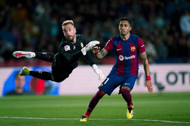 (240331) -- BARCELONA, March 31, 2024 -- FC Barcelona, Barca s Raphinha (R) scores a goal during the Spanish league (La Liga) football match between FC Barcelona and Las Palmas in Barcelona, Spain, March 30, 2024. (Photo by Xinhua) (SP)SPAIN-BARCELONA-FOOTBALL-LA LIGA-BARCELONA VS LAS PALMAS JoanxGosa