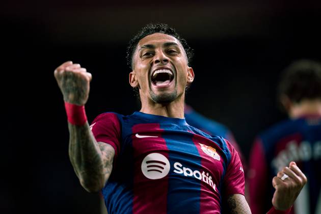 (240331) -- BARCELONA, March 31, 2024 -- FC Barcelona, Barca s Raphinha celebrates his goal during the Spanish league (La Liga) football match between FC Barcelona and Las Palmas in Barcelona, Spain, March 30, 2024. (Photo by Xinhua) (SP)SPAIN-BARCELONA-FOOTBALL-LA LIGA-BARCELONA VS LAS PALMAS JoanxGosa