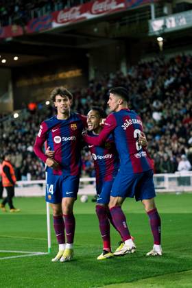 (240331) -- BARCELONA, March 31, 2024 -- FC Barcelona, Barca s Raphinha (C) celebrates his goal with teammates Joao Felix (L) and Joao Cancelo during the Spanish league (La Liga) football match between FC Barcelona and Las Palmas in Barcelona, Spain, March 30, 2024. (Photo by Xinhua) (SP)SPAIN-BARCELONA-FOOTBALL-LA LIGA-BARCELONA VS LAS PALMAS JoanxGosa