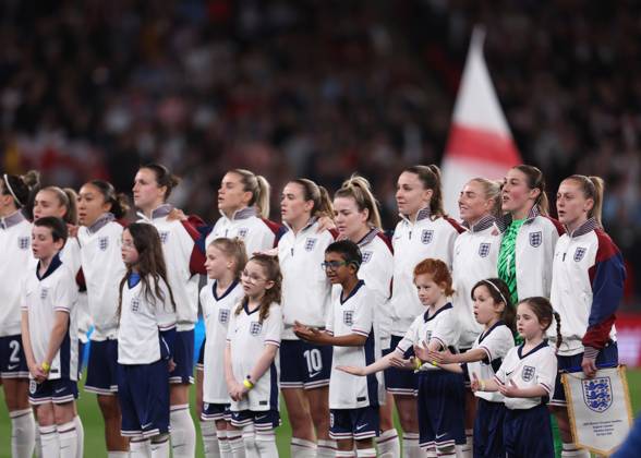London, England, 5th April 2024. The England team sing the nations anthem during the UEFA Women s European Qualifier match at Wembley Stadium, London. Picture: Paul Terry Sportimage EDITORIAL USE ONLY. No use with unauthorised audio, video, data, fixture lists, club league logos or live services. Online in-match use limited to 120 images, no video emulation. No use in betting, games or single club league player publications. SPI-3058-0240