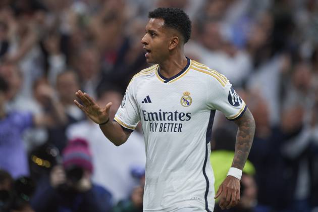 2024-04-09 Real Madrid CF v Manchester City - Quarter-final First Leg - UEFA Champions League 2023 24 MADRID, SPAIN - APRIL 9: Rodrygo Goes of Real Madrid CF celebrates after scoring a goal during the Quarter-final First Leg - UEFA Champions League match between Real Madrid CF and Manchester City at Estadio Santiago Bernabeu on April 9, 2024 in Madrid, Spain. (Photo by Pablo Morano BSR Agency) Madrid Spain Content not available for redistribution in The Netherlands directly or indirectly through any third parties. Copyright: xBSRxAgencyx