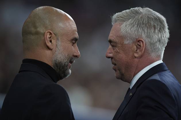 2024-04-09 Real Madrid CF v Manchester City - Quarter-final First Leg - UEFA Champions League 2023 24 MADRID, SPAIN - APRIL 9: Carlo Ancelotti of Real Madrid CF and Pep Guardiola of Manchester City during the Quarter-final First Leg - UEFA Champions League match between Real Madrid CF and Manchester City at Estadio Santiago Bernabeu on April 9, 2024 in Madrid, Spain. (Photo by Pablo Morano BSR Agency) Madrid Spain Content not available for redistribution in The Netherlands directly or indirectly through any third parties. Copyright: xBSRxAgencyx