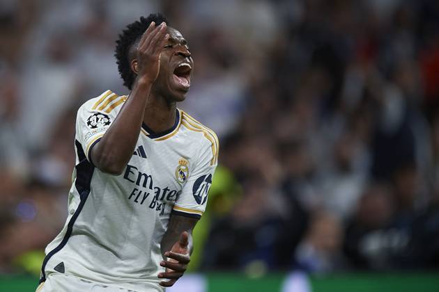 2024-04-09 Real Madrid CF v Manchester City - Quarter-final First Leg - UEFA Champions League 2023 24 MADRID, SPAIN - APRIL 9: Vinicius Junior of Real Madrid CF racts during the Quarter-final First Leg - UEFA Champions League match between Real Madrid CF and Manchester City at Estadio Santiago Bernabeu on April 9, 2024 in Madrid, Spain. (Photo by Pablo Morano BSR Agency) Madrid Spain Content not available for redistribution in The Netherlands directly or indirectly through any third parties. Copyright: xBSRxAgencyx