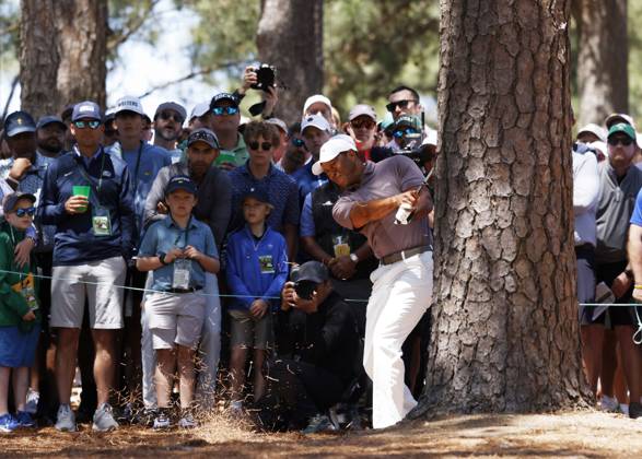 Patrons watch Tiger Woods hit his second shot on the 9th hole from behind a tree during the second round of the Masters Tournament at Augusta National Golf Club in Augusta, Georgia on Friday, April 12, 2024. Woods finished the day at one-over-par.  AUG202404121001 JOHNxANGELILLO