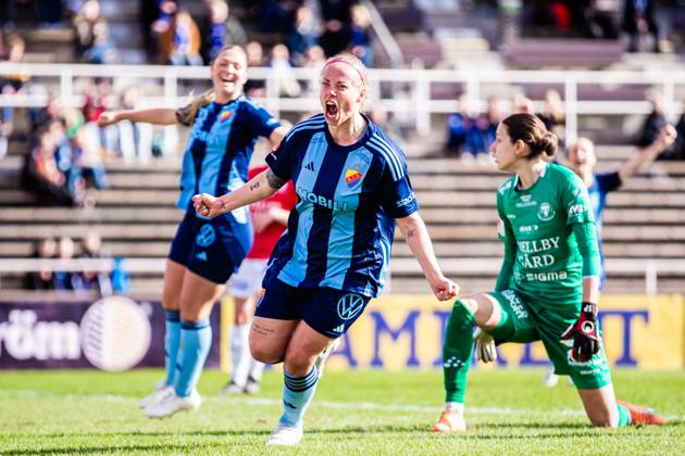 240413 Djurgardens Sessy Asland celebrates after scoring a goal during the Damallsvenskan football match between Djurgarden and Trelleborg on April 13, 2024 in Stockholm. Copyright: KENTAxJÖNSSON BB240413KJ024