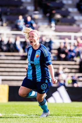 240413 Djurgardens Sessy Asland celebrates after scoring a goal during the Damallsvenskan football match between Djurgarden and Trelleborg on April 13, 2024 in Stockholm. Copyright: KENTAxJÖNSSON BB240413KJ025
