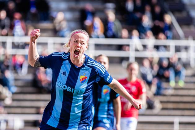 240413 Djurgardens Sessy Asland celebrates after scoring a goal during the Damallsvenskan football match between Djurgarden and Trelleborg on April 13, 2024 in Stockholm. Copyright: KENTAxJÖNSSON BB240413KJ088