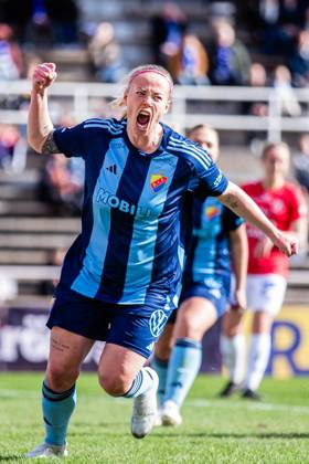 240413 Djurgardens Sessy Asland celebrates after scoring a goal during the Damallsvenskan football match between Djurgarden and Trelleborg on April 13, 2024 in Stockholm. Copyright: KENTAxJÖNSSON BB240413KJ089