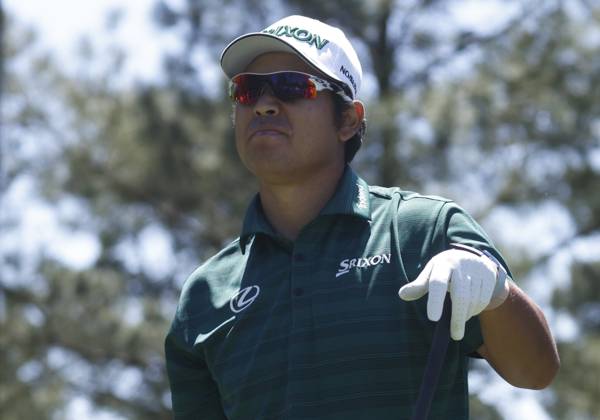 Japan s Hideki Matsuyama watches his ball after teeing off on the eighteenth hole during the third round of the Masters Tournament at Augusta National Golf Club in Augusta, Georgia on Saturday, April 13, 2024. Matsuyama finished the day at five-over-par.  AUG20240413502 TANNENxMAURY