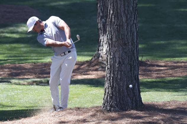 Brooks Koepka hits out of the rough on the seventh hole during the third round of the Masters Tournament at Augusta National Golf Club in Augusta, Georgia on Saturday, April 13, 2024.  AUG20240413507 TANNENxMAURY