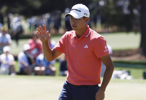 Collin Morikawa reacts after sinking a putt on the second hole during the third round of the Masters Tournament at Augusta National Golf Club in Augusta, Georgia on Saturday, April 13, 2024.  AUG20240413517 TANNENxMAURY
