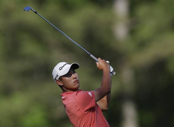 Collin Morikawa hits his tee shot on the twelfth hole during the third round of the Masters Tournament at Augusta National Golf Club in Augusta, Georgia on Saturday, April 13, 2024.  AUG20240413142 JOHNxANGELILLO