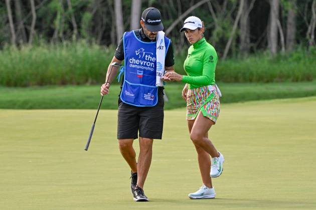 THE WOODLANDS, TX - APRIL 18: Maria Fassi (MEX) after sinking her par putt on 10 during Rd1 of the Chevron Championship at The Club at Carlton Woods on April 18, 2024 in The Woodlands, Texas. (Photo by Ken Murray Icon Sportswire) GOLF: APR 18 LPGA, Golf Damen The Chevron Championship EDITORIAL USE ONLY Icon240418034