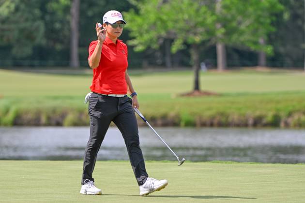 THE WOODLANDS, TX - APRIL 18: Yani Tseng (TAI) after sinking her par putt on 9 during Rd1 of the Chevron Championship at The Club at Carlton Woods on April 18, 2024 in The Woodlands, Texas. (Photo by Ken Murray Icon Sportswire) GOLF: APR 18 LPGA, Golf Damen The Chevron Championship EDITORIAL USE ONLY Icon240418086