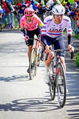 Ecuadorian Richard Carapaz of EF Education-EasyPost and Slovenian Tadej Pogacar of UAE Team Emirates pictured in action during the men elite race of the Liege-Bastogne-Liege one day cycling event, 254,5 km km from Liege, over Bastogne to Liege, Sunday 21 April 2024. POOLxPETERxDExVOECHT x91377181x