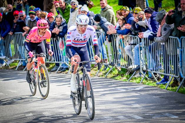 Ecuadorian Richard Carapaz of EF Education-EasyPost and Slovenian Tadej Pogacar of UAE Team Emirates pictured in action during the men elite race of the Liege-Bastogne-Liege one day cycling event, 254,5 km km from Liege, over Bastogne to Liege, Sunday 21 April 2024. POOLxPETERxDExVOECHT x91377222x