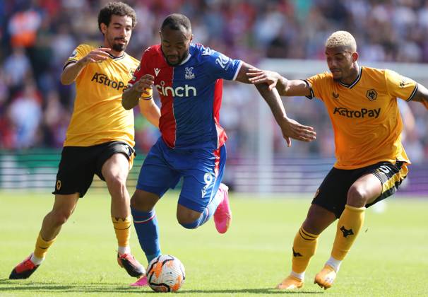 Crystal Palace v Wolverhampton Wanderers - Premier League - Selhurst Park September 3, 2023, London: London, England, 3rd September 2023. Jordan Ayew of Crystal Palace is challenged by Rayan Ait-Nouri (L) and Mario Lemina of Wolverhampton Wanderers during the Premier League match at Selhurst Park, London. (Credit Image: Ã‚Â Paul Terry Sportimage Cal Media) London EDITORIAL USE ONLY Copyright: xx ZUMA-20230903_faf_si1_072.jpg PaulxTerryx csmphotothree148795