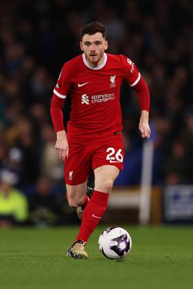 Liverpool, England, 24th April 2024. Andrew Robertson of Liverpool during the Premier League match at Goodison Park, Liverpool. Picture credit should read: Cameron Smith Sportimage EDITORIAL USE ONLY. No use with unauthorised audio, video, data, fixture lists, club league logos or live services. Online in-match use limited to 120 images, no video emulation. No use in betting, games or single club league player publications. SPI-3103-0053