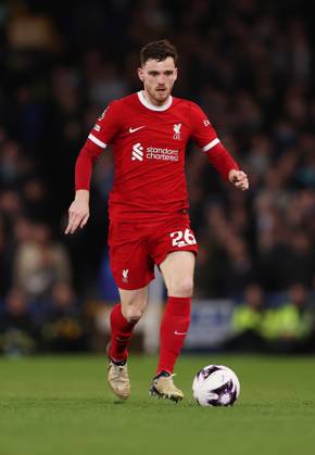 Liverpool, England, 24th April 2024. Andrew Robertson of Liverpool during the Premier League match at Goodison Park, Liverpool. Picture credit should read: Cameron Smith Sportimage EDITORIAL USE ONLY. No use with unauthorised audio, video, data, fixture lists, club league logos or live services. Online in-match use limited to 120 images, no video emulation. No use in betting, games or single club league player publications. SPI-3103-0054
