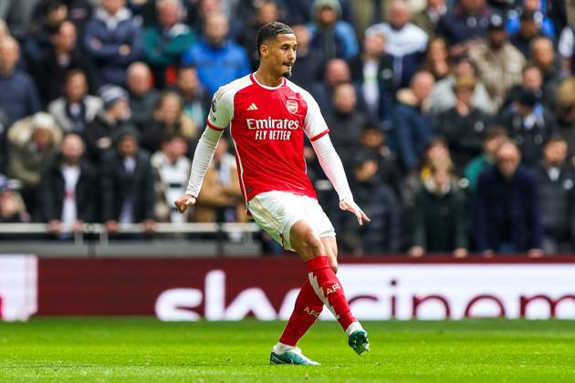 Tottenham Hotspur v Arsenal Premier League 28 04 2024. William Saliba (2) of Arsenal during the Premier League match between Tottenham Hotspur and Arsenal at Tottenham Hotspur Stadium, London, United Kingdom on 28 April 2024. Editorial use only DataCo restrictions apply See www.football-dataco.com , Copyright: xNigelxKeenex PSI-19566-0117