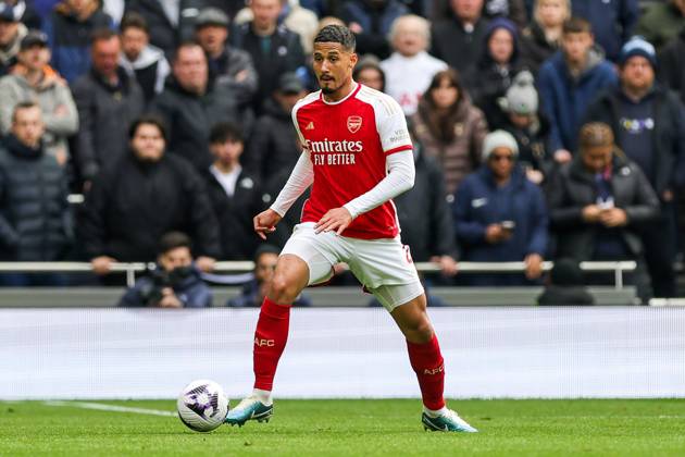 Tottenham Hotspur v Arsenal Premier League 28 04 2024. William Saliba (2) of Arsenal during the Premier League match between Tottenham Hotspur and Arsenal at Tottenham Hotspur Stadium, London, United Kingdom on 28 April 2024. Editorial use only DataCo restrictions apply See www.football-dataco.com , Copyright: xNigelxKeenex PSI-19566-0123
