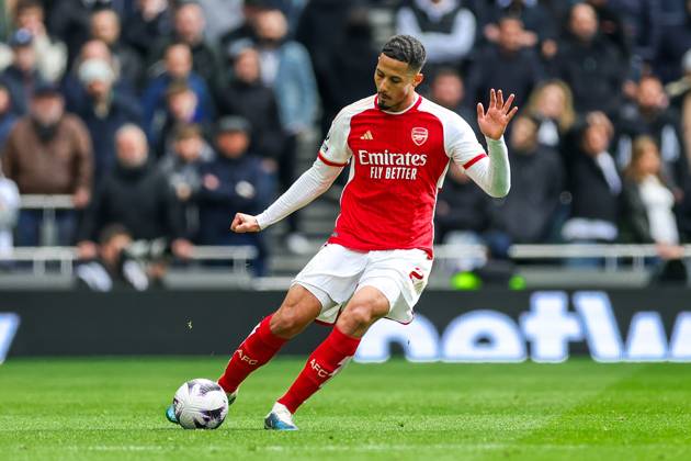 Tottenham Hotspur v Arsenal Premier League 28 04 2024. William Saliba (2) of Arsenal during the Premier League match between Tottenham Hotspur and Arsenal at Tottenham Hotspur Stadium, London, United Kingdom on 28 April 2024. Editorial use only DataCo restrictions apply See www.football-dataco.com , Copyright: xNigelxKeenex PSI-19566-0147