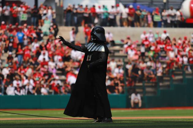 May 4, 2024, Mexico City, Ciudad de Mexico, Mexico: A person wearing Darth Vader costume on the occasion of Star Wars Day is seen during the match 2 of the series between Guerreros de Oaxaca and the Diablos Rojos del Mo xico of the Mexican Baseball League (LMB) at the Alfredo Harp HeloÂº Stadium. Diablos Rojos beat Guerreros de Oaxaca 12-2 Mexico City Mexico - ZUMAe321 20240504_zsa_e321_012 Copyright: xCarlosxSantiago xEyepixxGroupx