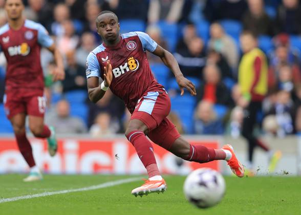 Brighton and Hove, England, 5th May 2024. Moussa Diaby of Aston Villa during the Premier League match at the AMEX Stadium, Brighton and Hove. Picture credit should read: Paul Terry Sportimage EDITORIAL USE ONLY. No use with unauthorised audio, video, data, fixture lists, club league logos or live services. Online in-match use limited to 120 images, no video emulation. No use in betting, games or single club league player publications. SPI-3134-0054