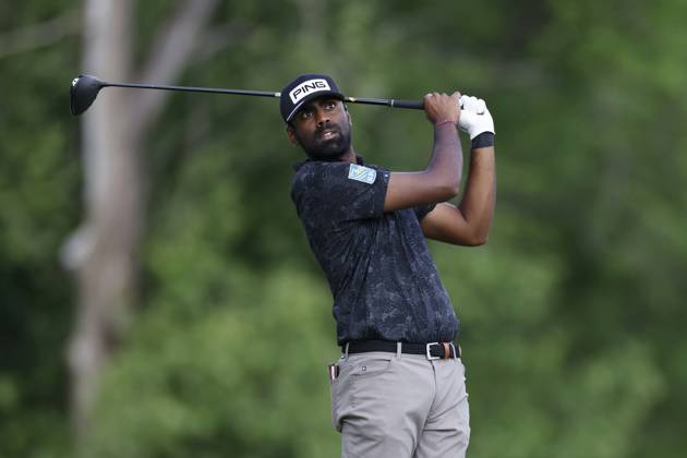 LOUISVILLE, KY - MAY 18: Sahith Theegala (USA) hits a drive at the fifth hole during the third round of the 2024 PGA, Golf Herren Championship at Valhalla Golf Club on May 18, 2024 in Louisville, Kentucky. (Photo by Joe Robbins Icon Sportswire) GOLF: MAY 18 PGA Championship EDITORIAL USE ONLY Icon573240518022