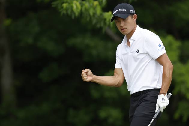 LOUISVILLE, KY - MAY 18: Collin Morikawa fist pumps after making a chip shot on No. 3 during the third round of the PGA, Golf Herren Championship, May 18, 2024, at Valhalla Golf Club in Louisville, Kentucky.(Photo by Matthew Maxey Icon Sportswire) GOLF: MAY 18 PGA Championship EDITORIAL USE ONLY Icon240518021