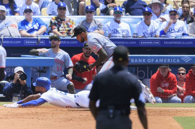 May 19, 2024, Los Angeles, California, USA: Jason Heyward 23 of the Los Angeles Dodgers slides late at first base for an out during their MLB, Baseball Herren, USA regular season game against the Cincinnati Reds on Sunday May 19, 2024 at Dodger Stadium in Los Angeles, California. JAVIER ROJAS PI Los Angeles USA - ZUMAp124 20240519_zaa_p124_005 Copyright: xJavierxRojasx