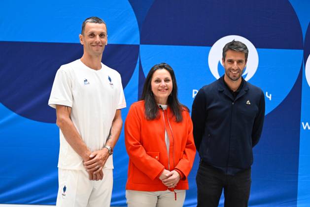 Alexis Hanquinquant ( France ) , Beatrice Dupuy ( pdg Procter Gamble France) and Tony Estanguet ( president JO 2024 ) during the presentation of podiums Olympic and Paralympic Games at Le Pulse on May 23, 2024 in Saint Denis, France. ( Photo by federico pestellini panoramic ) - PARIS 2024 : Presentation des podiums des Jeux Olympiques et Paralympiques - Saint Denis - 23 05 2024 FedericoPestellini Panoramic 