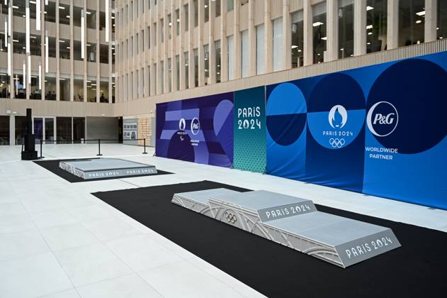 (240524) -- SAINT DENIS, May 24, 2024 -- Photo taken on May 23, 2024 shows the Paris 2024 Olympics podium (R) and the Paris 2024 Paralympics podium during an unveiling ceremony of the podiums of the Paris 2024 Olympics and Paralympics held in Saint Denis, near Paris, France. (Photo by Julien Mattia Xinhua) (SP)FRANCE-SAINT DENIS-PARIS 2024 OLYMPIC AND PARALYMPIC PODIUMS-UNVEILING JxUlienmattiagaojing 